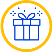 Blue line icon of a wrapped gift box with a bow on top, surrounded by celebratory sparkles, enclosed in a yellow circle.